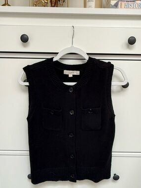 LOFT Black Button-Front Knit Cardigan Vest
